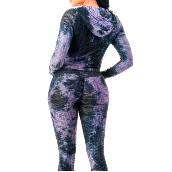 Women's Honeycomb Bubble Texture Tie Dye Butt Lift Activewear Sweatsuit Hooded L - Picture 9 of 9